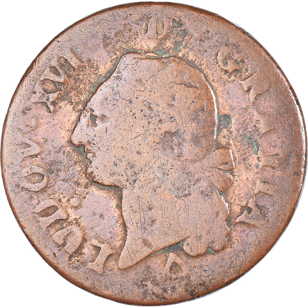 Coin, France, Louis XVI, Sol ou sou, Sol, 1791, Lille, VF(20-25), Copper