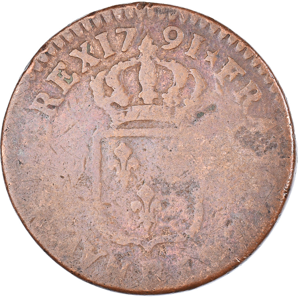 Coin, France, Louis XVI, Sol ou sou, Sol, 1791, Lille, VF(20-25), Copper