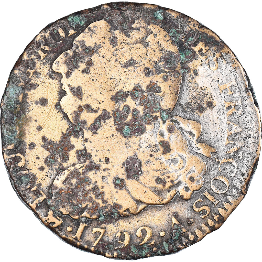 Moeda, França, Louis XVI, 2 sols François, 1792, Paris, F(12-15), Bronze