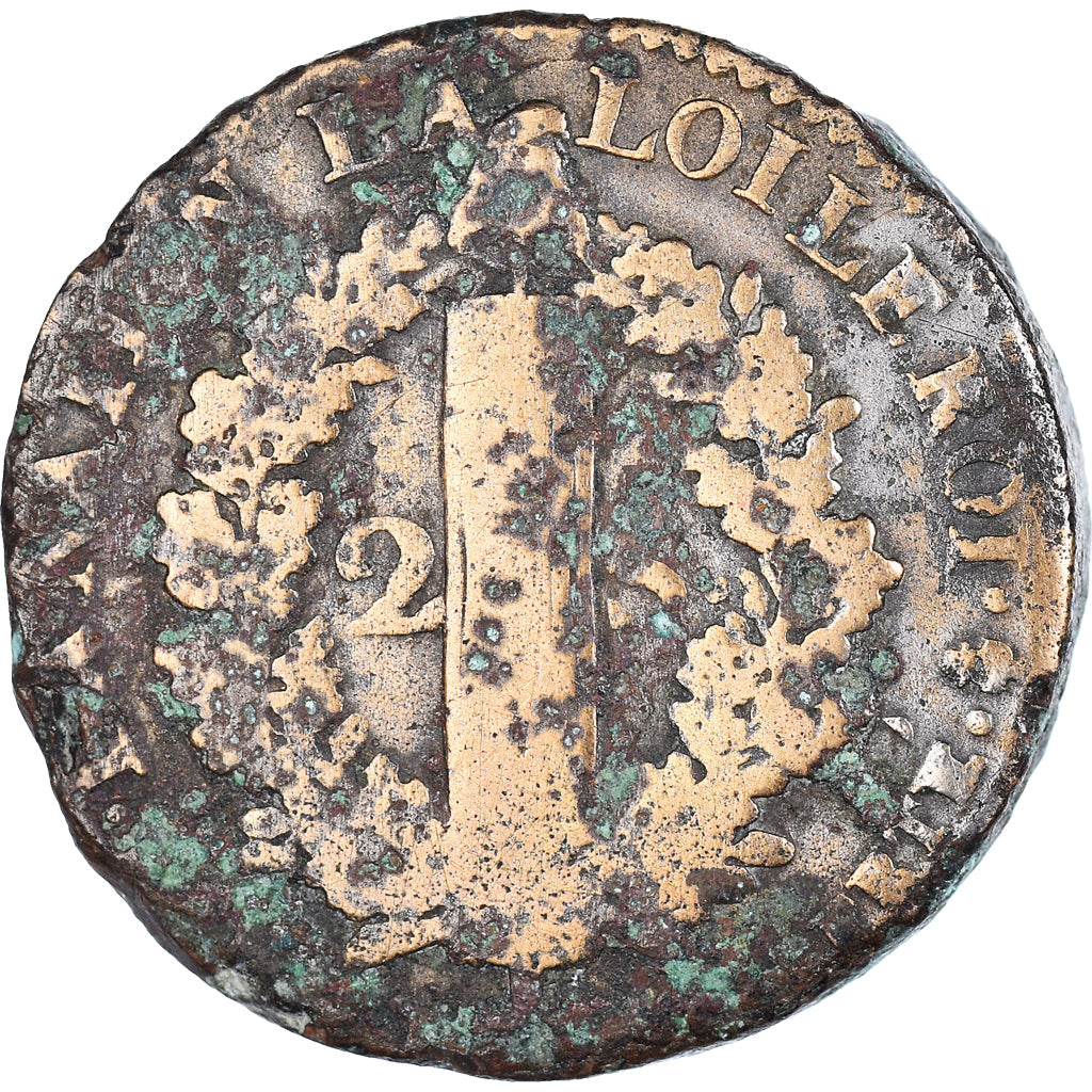 Moeda, França, Louis XVI, 2 sols François, 1792, Paris, F(12-15), Bronze