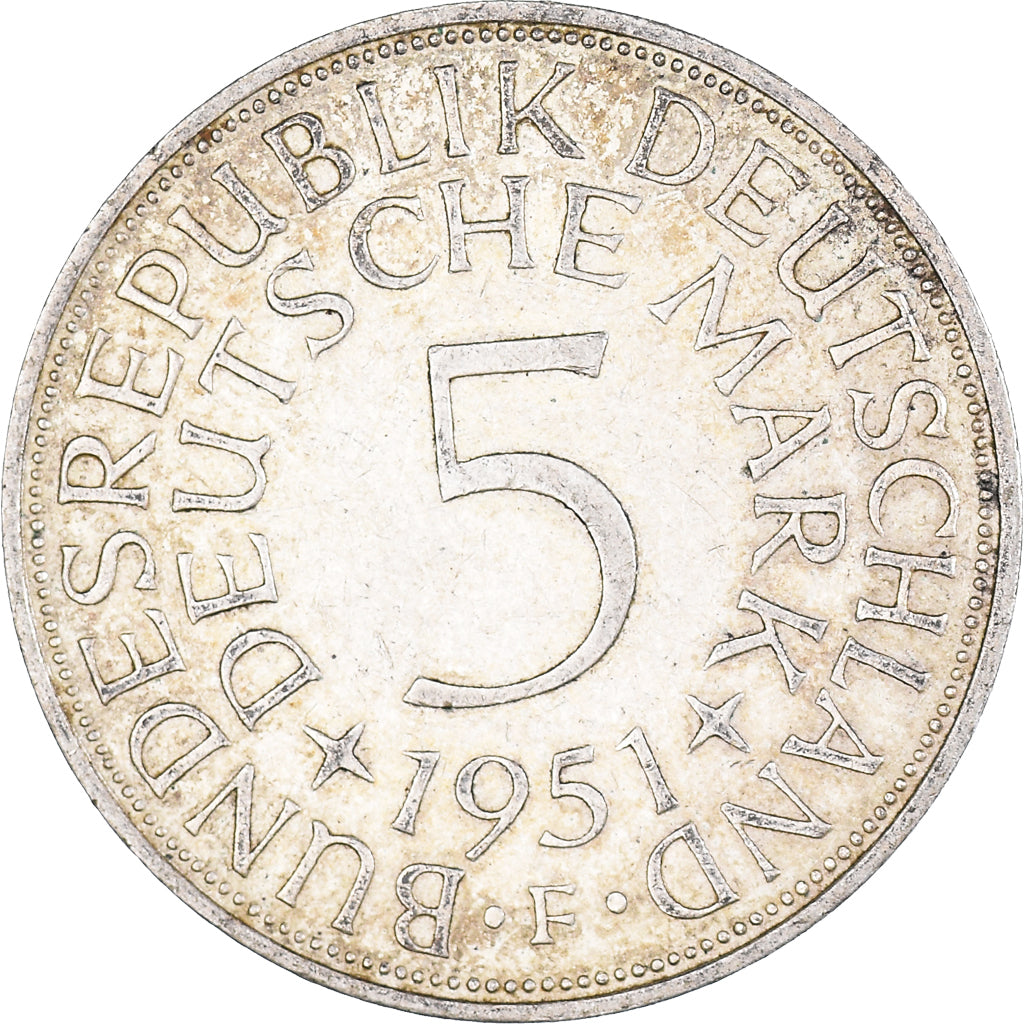 Coin, GERMANY - FEDERAL REPUBLIC, 5 Mark, 1951, Stuttgart, EF(40-45), Silver