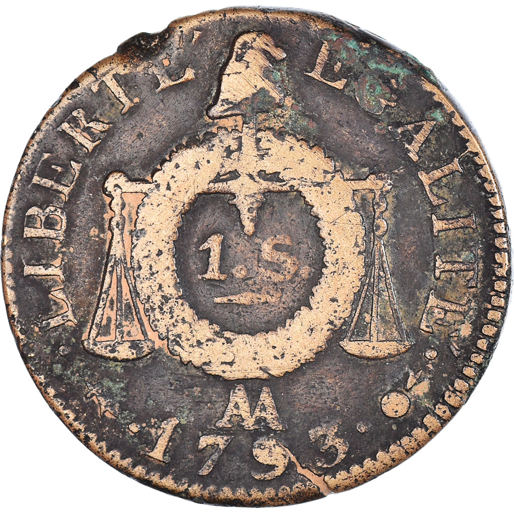 Moneda, Francia, Sol aux Balances, 1793, Metz, BC+, Bronce, KM:619.2, Gadoury:19