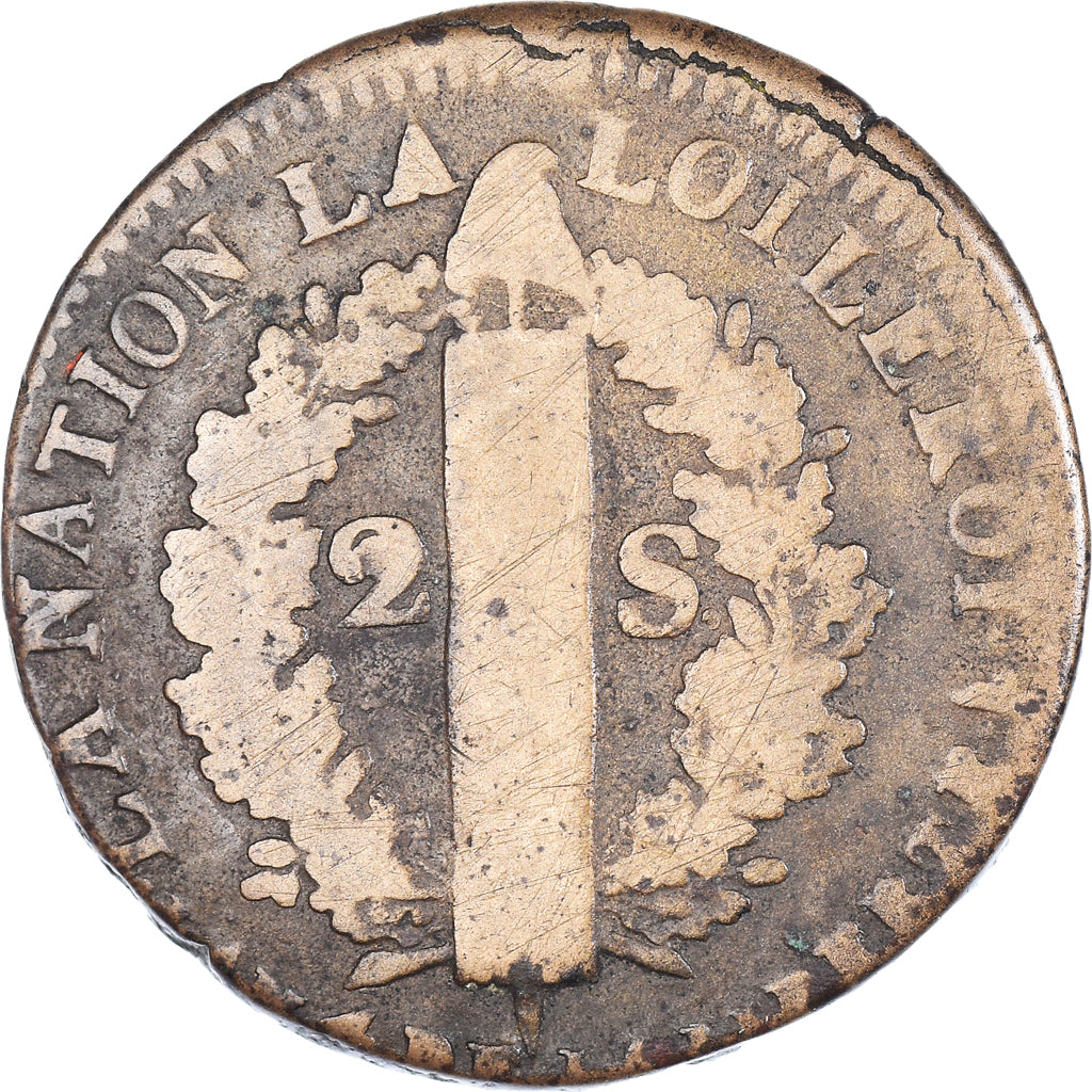 Coin, France, 2 sols François, 1792 / AN 4, Arras, VF(20-25), Métal de cloche