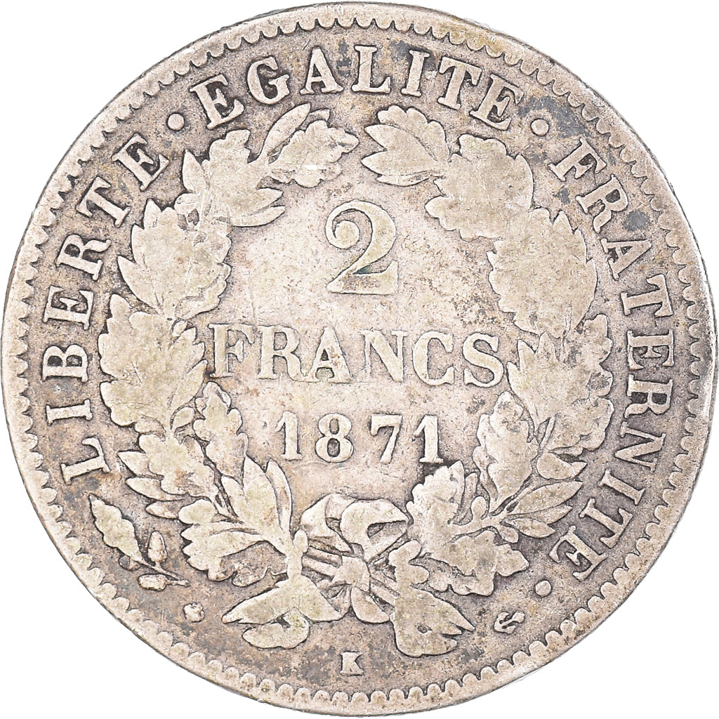 Coin, France, Cérès, 2 Francs, 1871, Bordeaux, VF(30-35), Silver, KM:817.2