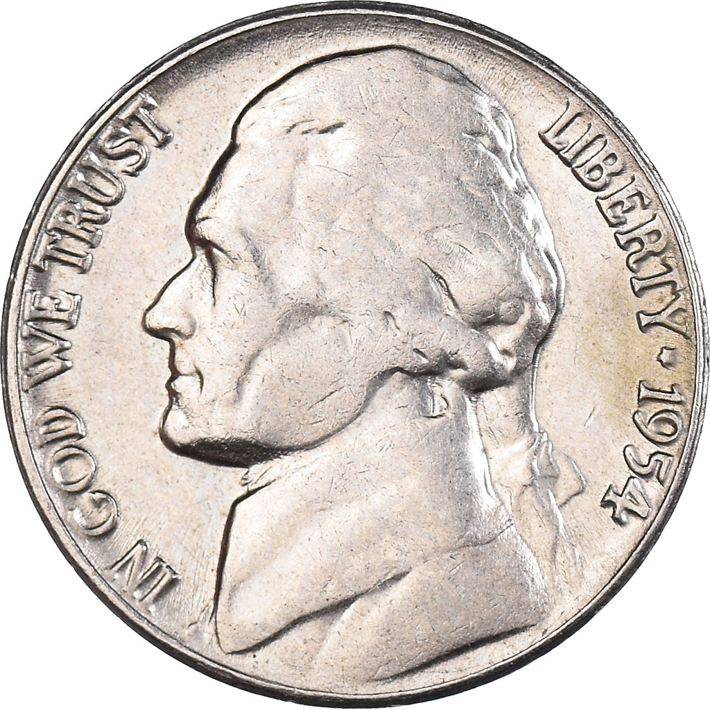Coin, United States, Jefferson Nickel, 5 Cents, 1954, U.S. Mint, Denver