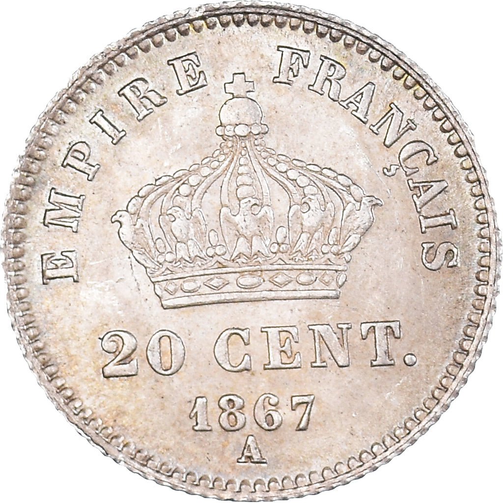 Moneda, Francia, Napoleon III, 20 Centimes, 1867, Paris, EBC, Plata, KM:808.1