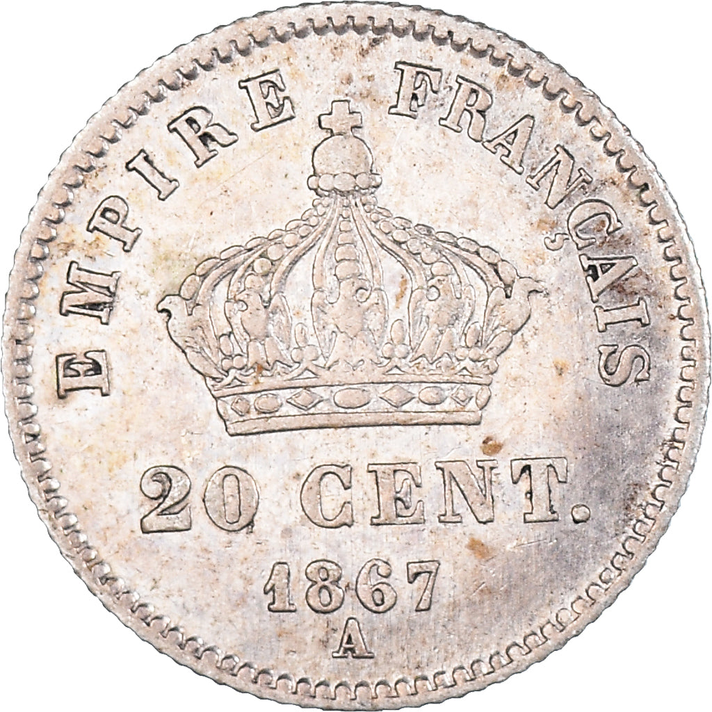 Moneda, Francia, Napoleon III, 20 Centimes, 1867, Paris, MBC, Plata, KM:808.1
