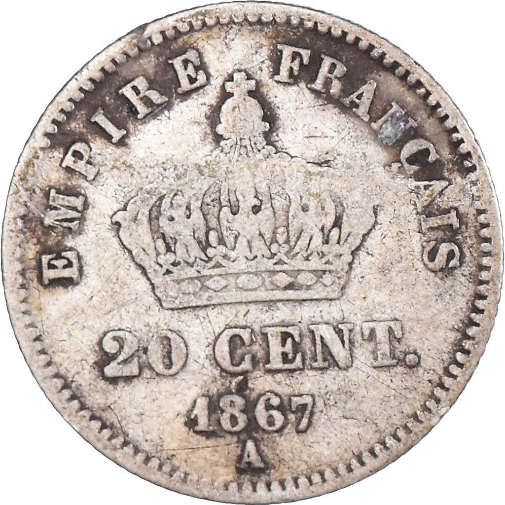 Coin, France, Napoleon III, 20 Centimes, 1867, Paris, F(12-15), Silver