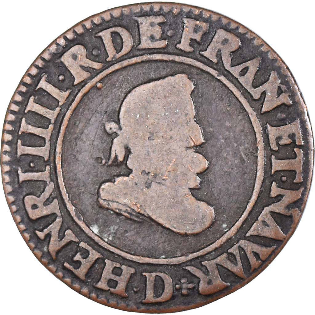 Moneda, Francia, Henri IV, Double Tournois, 1607, Lyon, BC+, Cobre, CGKL:202A