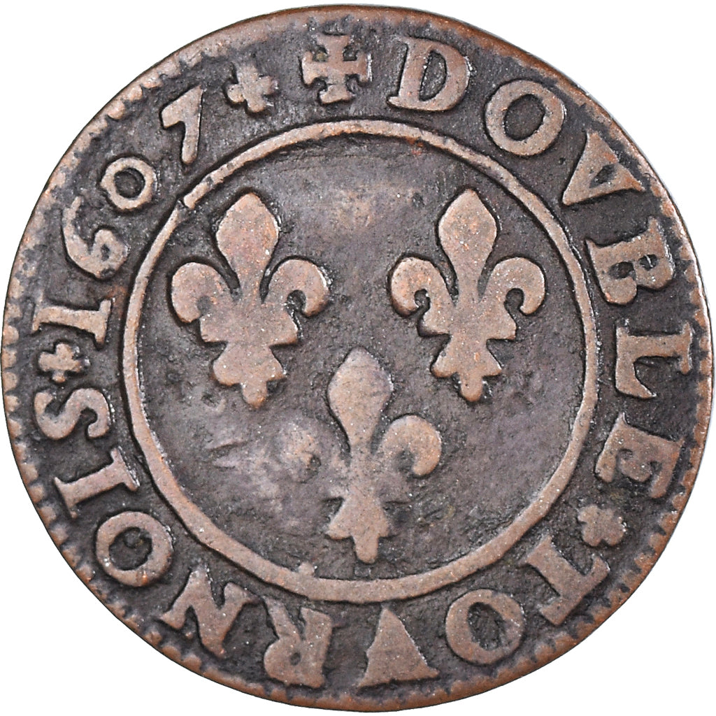 Moneda, Francia, Henri IV, Double Tournois, 1607, Lyon, BC+, Cobre, CGKL:202A