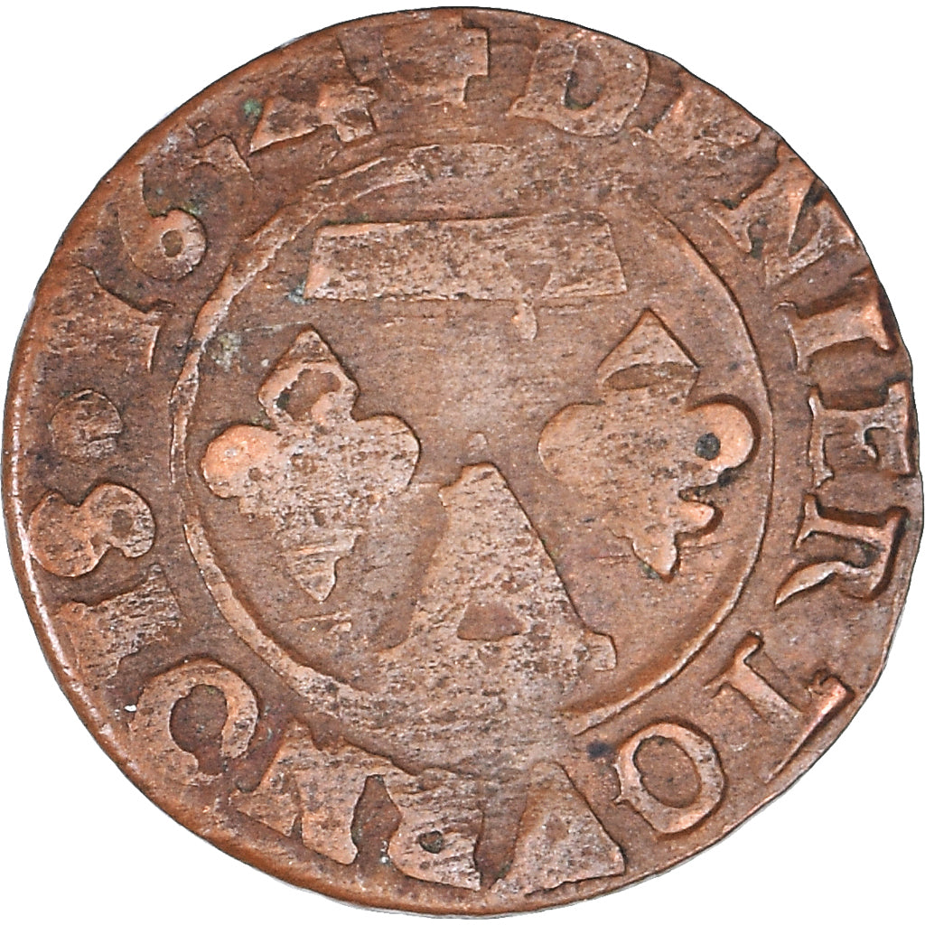 Moneta, Francia, Gaston d'Orléans, Denier Tournois, 1654, Trévoux, MB+, Rame