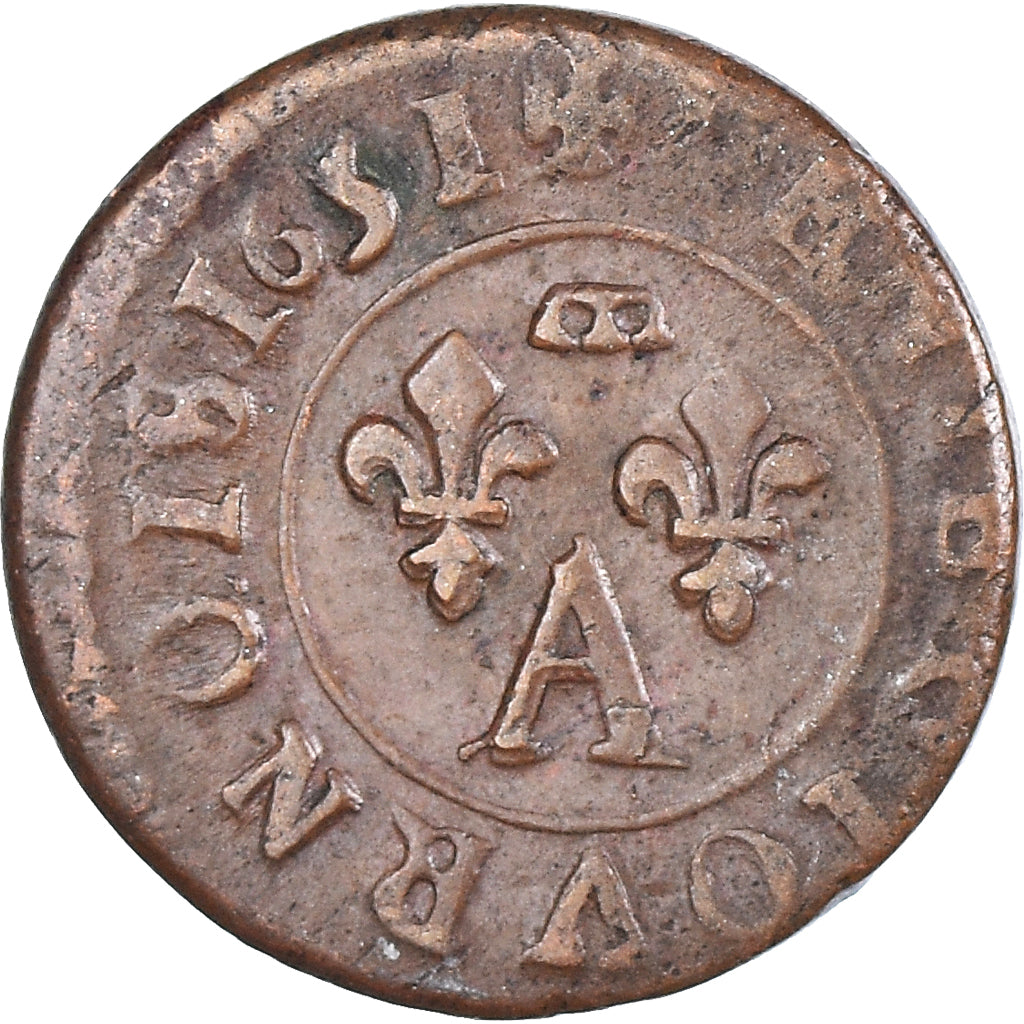 Moneda, Francia, Gaston d'Orléans, Denier Tournois, 1651, Trévoux, MBC+
