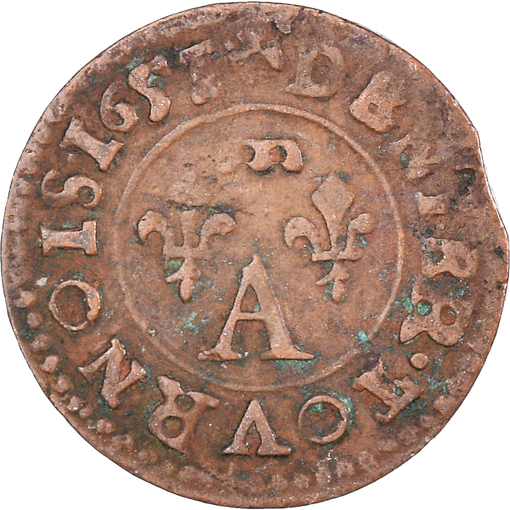 Monnaie, France, Gaston d'Orléans, Denier Tournois, 1651, Trévoux, TB+