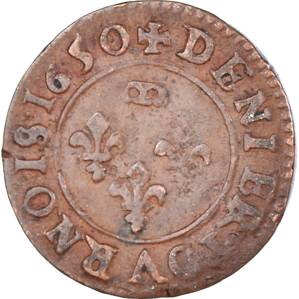 Monnaie, France, Gaston d'Orléans, Denier Tournois, 1650, Trévoux, TB+