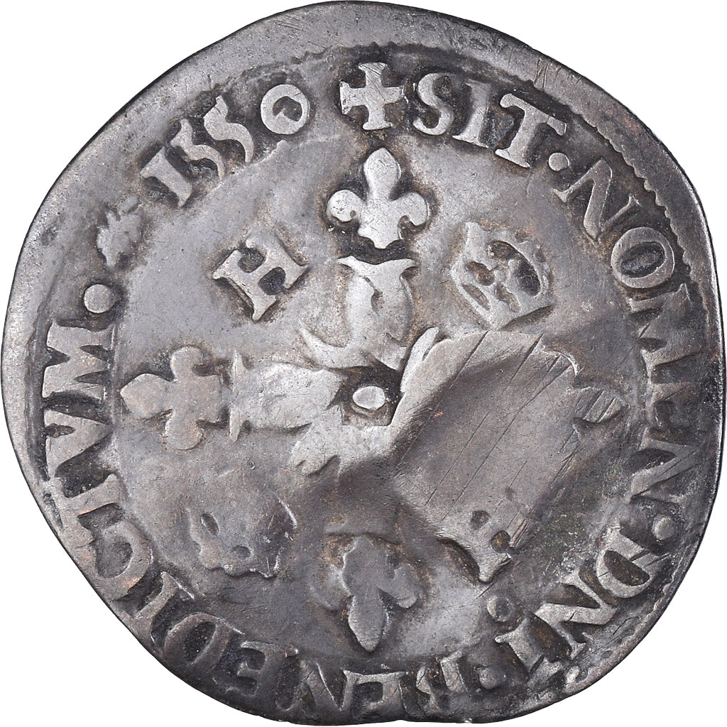 Coin, France, Henri II, Douzain aux croissants, 1550, Rennes, contremarqué lis