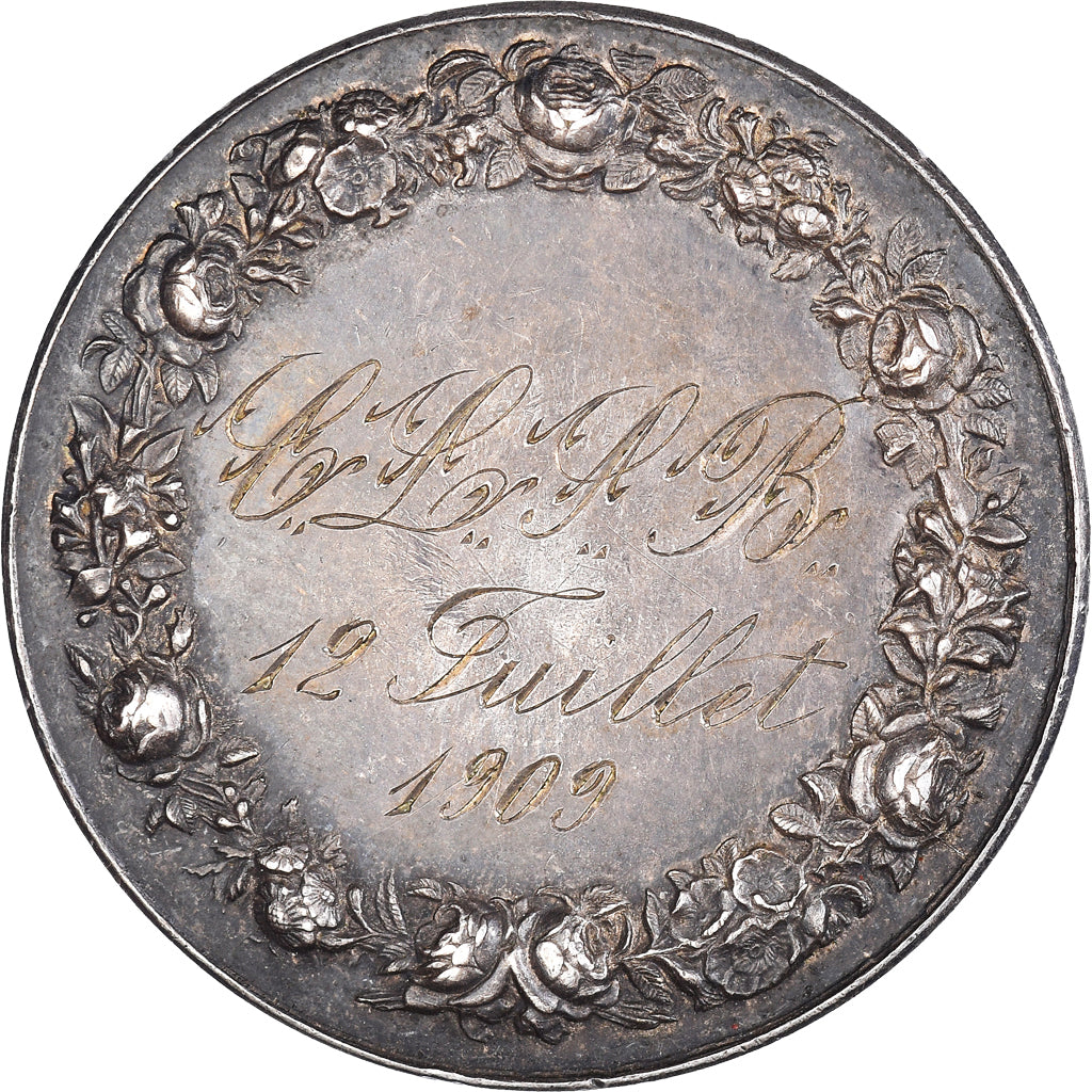 França, medalha, Mariage, Fidélité Bonheur, 1909, Petit, AU(50-53), Prata
