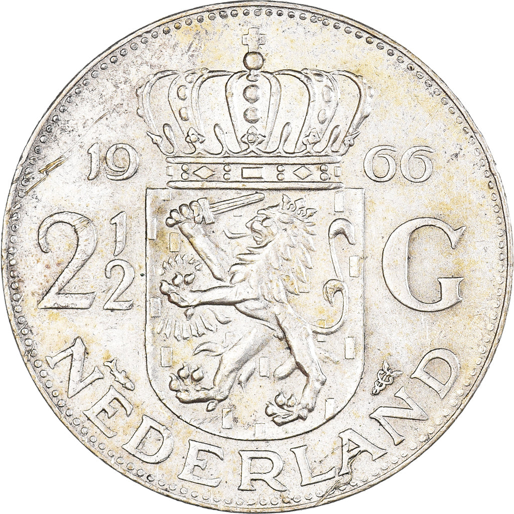 Coin, Netherlands, Juliana, 2-1/2 Gulden, 1966, Utrecht, AU(50-53), Silver