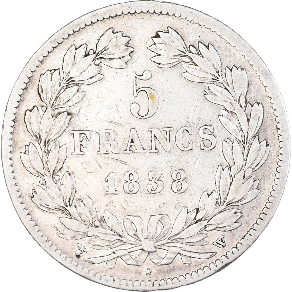 Moeda, França, Louis-Philippe, 5 Francs, 1838, Lille, VF(30-35), Prata