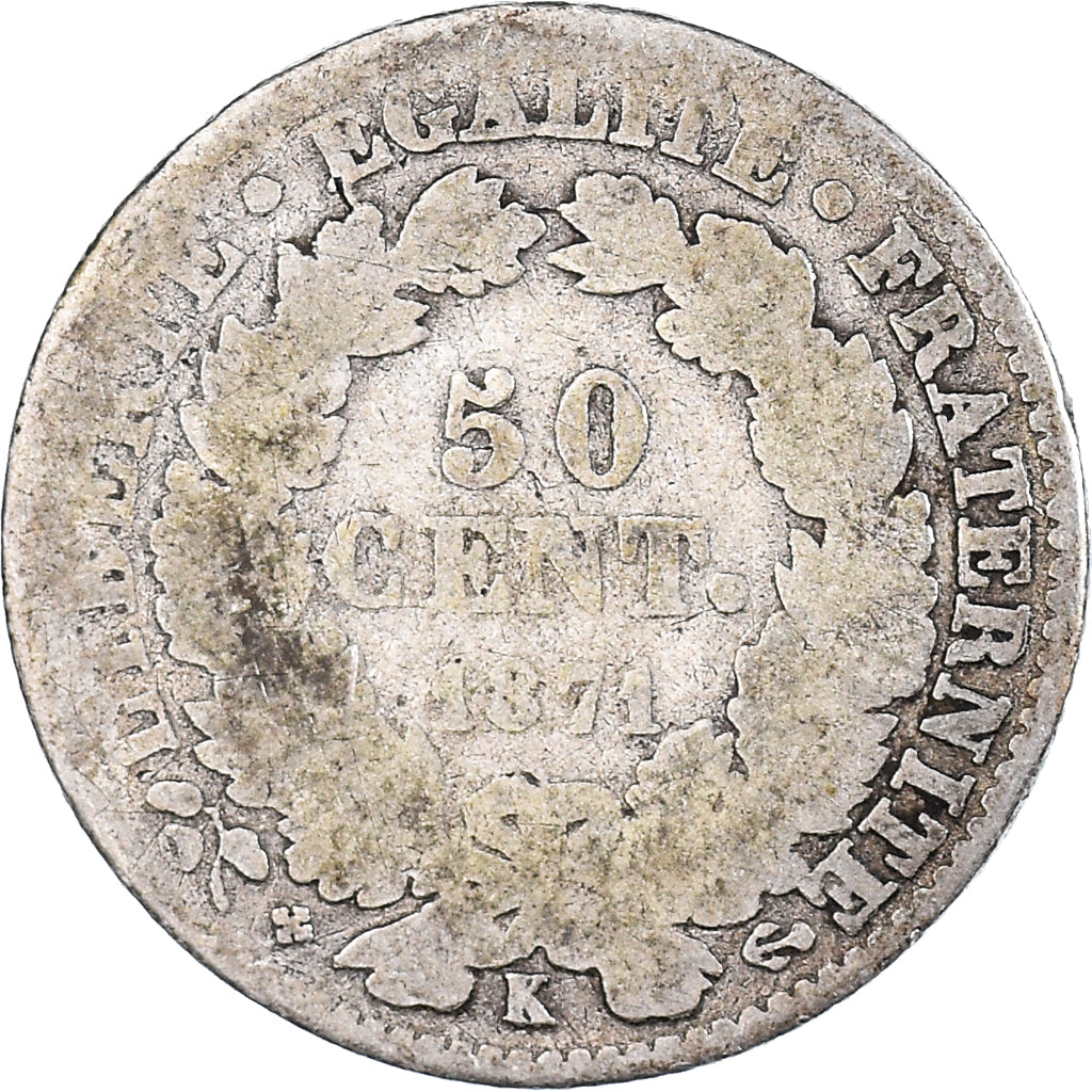 Moneda, Francia, Cérès, 50 Centimes, 1871, Bordeaux, BC, Plata, KM:834.2