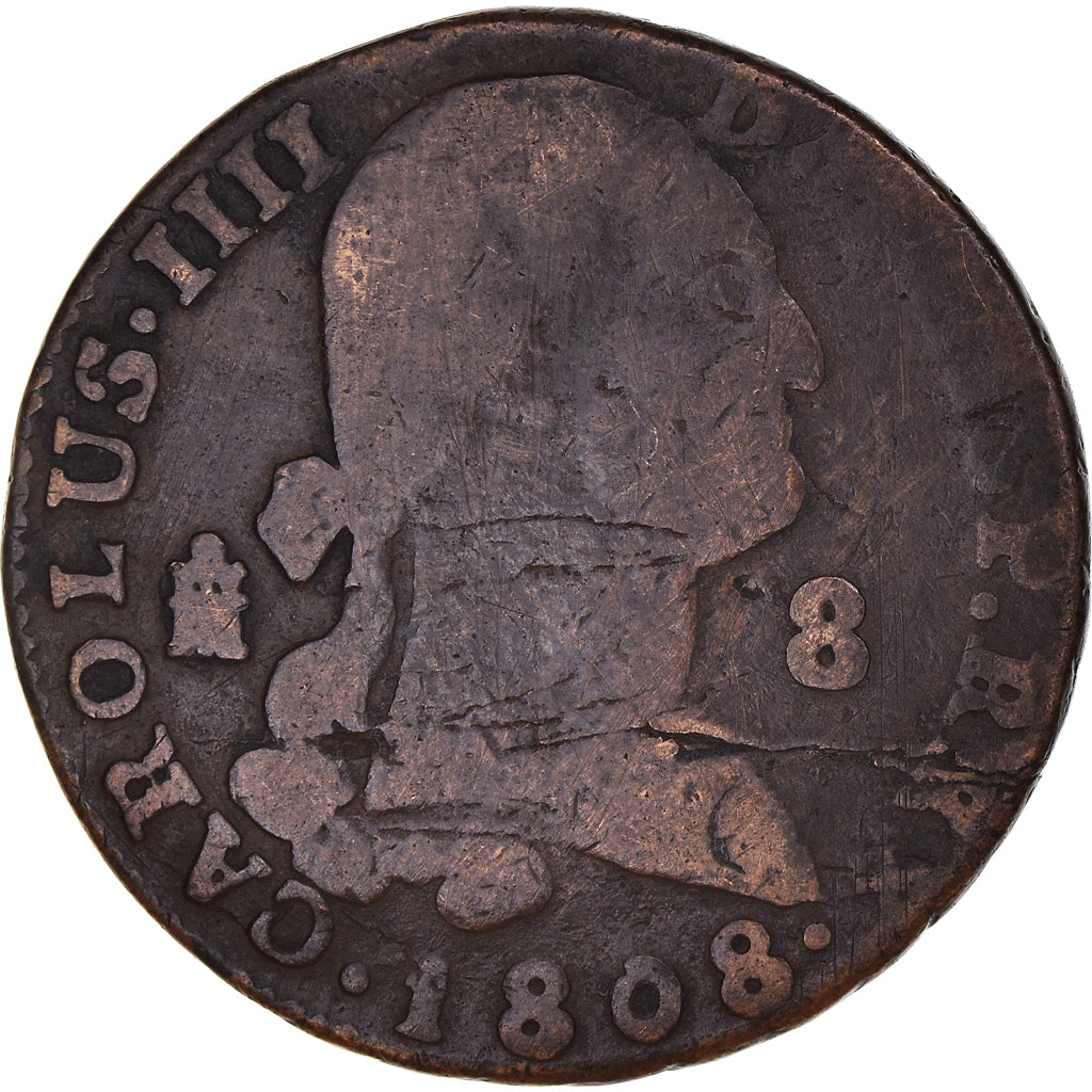 Coin, Spain, Charles IV, 8 Maravedis, 1808, Segovia, VF(30-35), Copper, KM:428