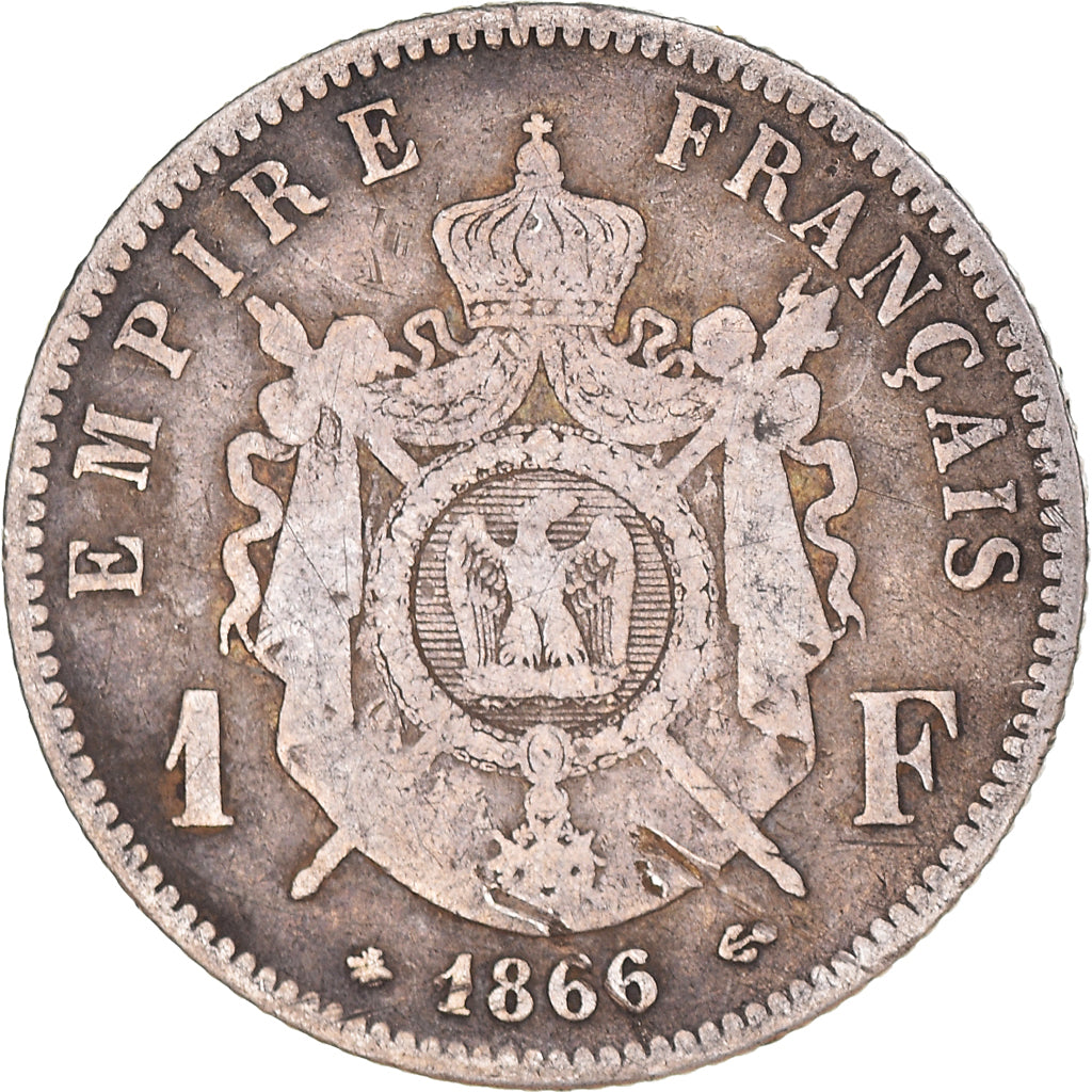 Moeda, França, Napoleon III, Franc, 1866, Paris, VF(20-25), Prata, KM:806.1