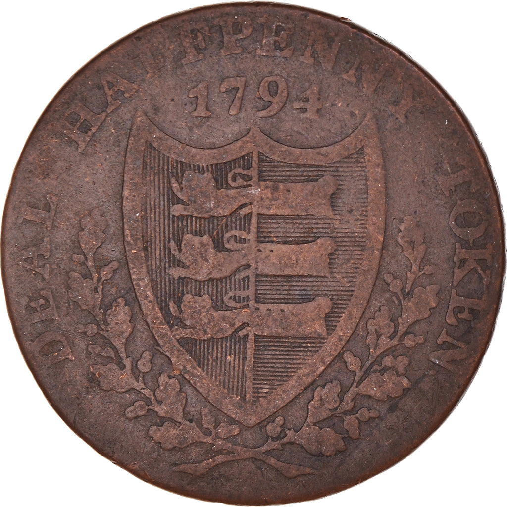 United Kingdom, Halfpenny Token, Sailing ship, 1794, VF(20-25), Copper