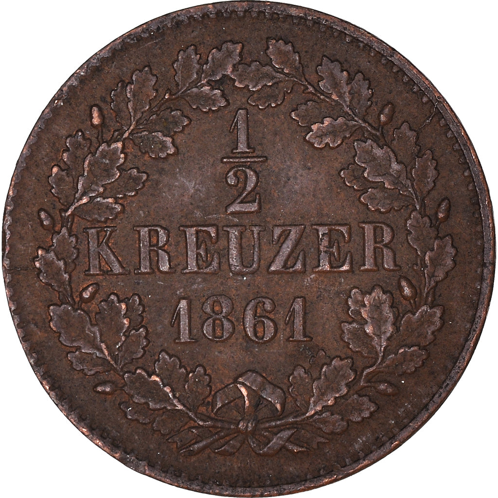 Coin, German States, BADEN, Friedrich I, 1/2 Kreuzer, 1861, AU(50-53), Copper