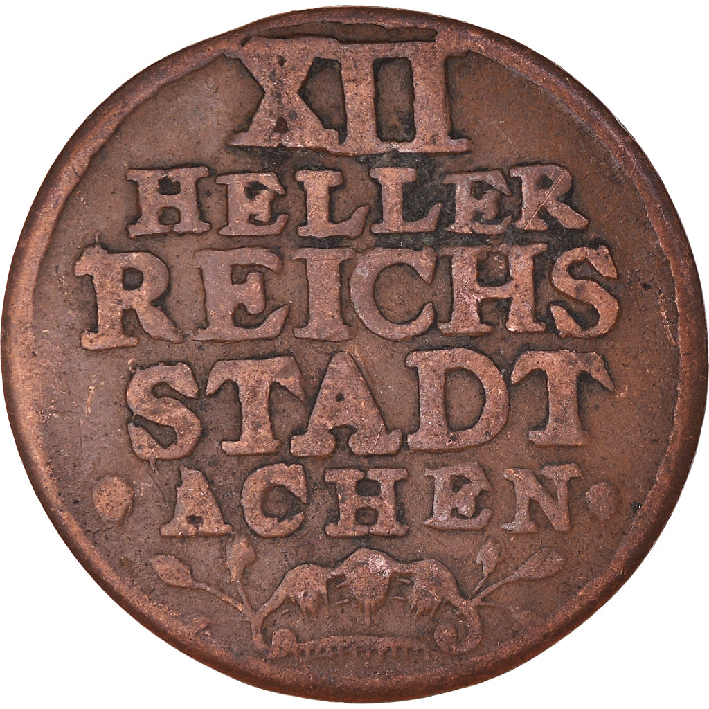 Coin, German States, AACHEN, 12 Heller, 1765, Aachen, VF(30-35), Copper, KM:51