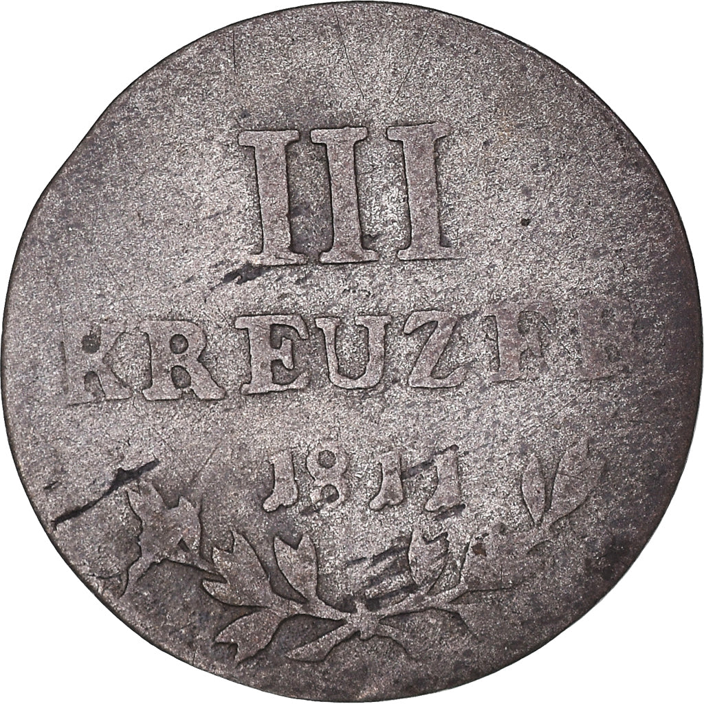 Coin, German States, BADEN, Karl Friedrich, 3 Kreuzer, 1811, VF(30-35), Silver