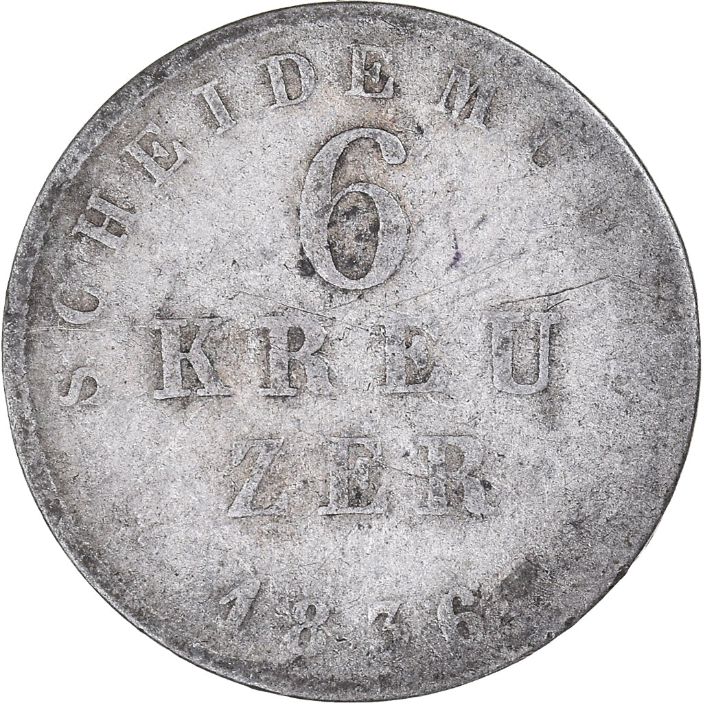 Moneta, Stati tedeschi, HESSE-DARMSTADT, Ludwig II, 6 Kreuzer, 1836, MB