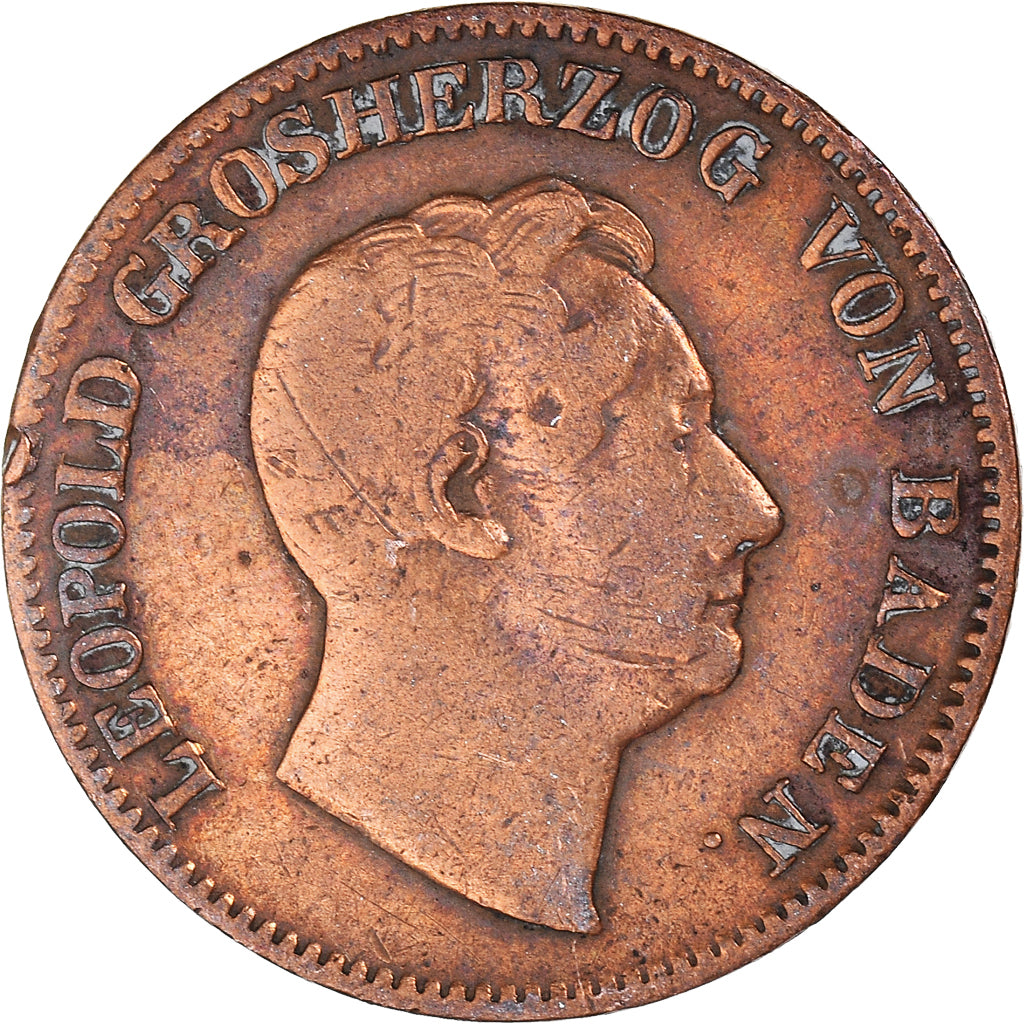 Moneta, Stati tedeschi, BADEN, Leopold I, Kreuzer, 1852, MB+, Rame, KM:218.2