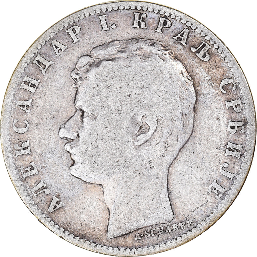 Moneda, Serbia, Alexander I, Dinar, 1897, BC+, Plata, KM:21