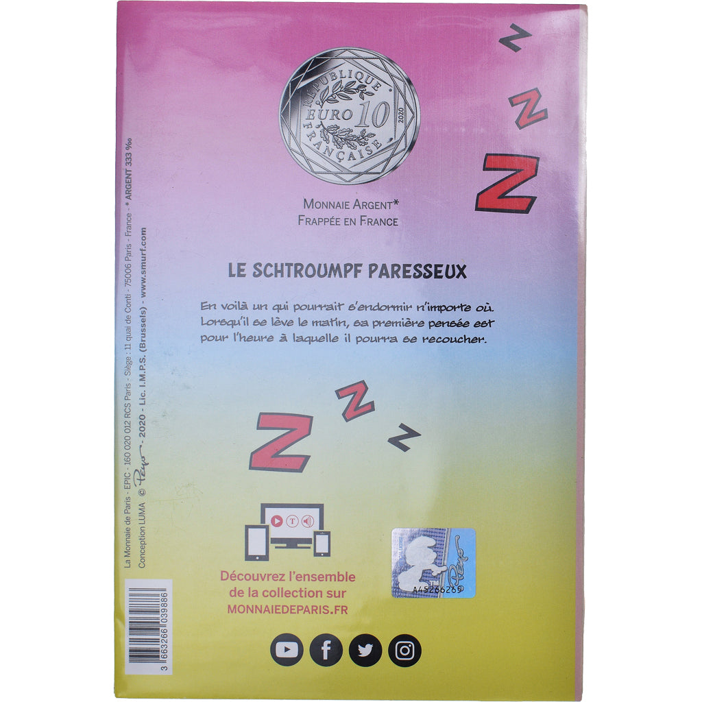 Francia, Monnaie de Paris, 10 Euro, Le Schtroumpf Paresseux (3/20), 2020, FDC