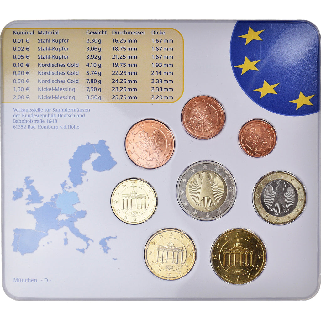 Niemcy, 1 Cent to 2 Euro, 2005, Karlsruhe, Set, MS(65-70), ND