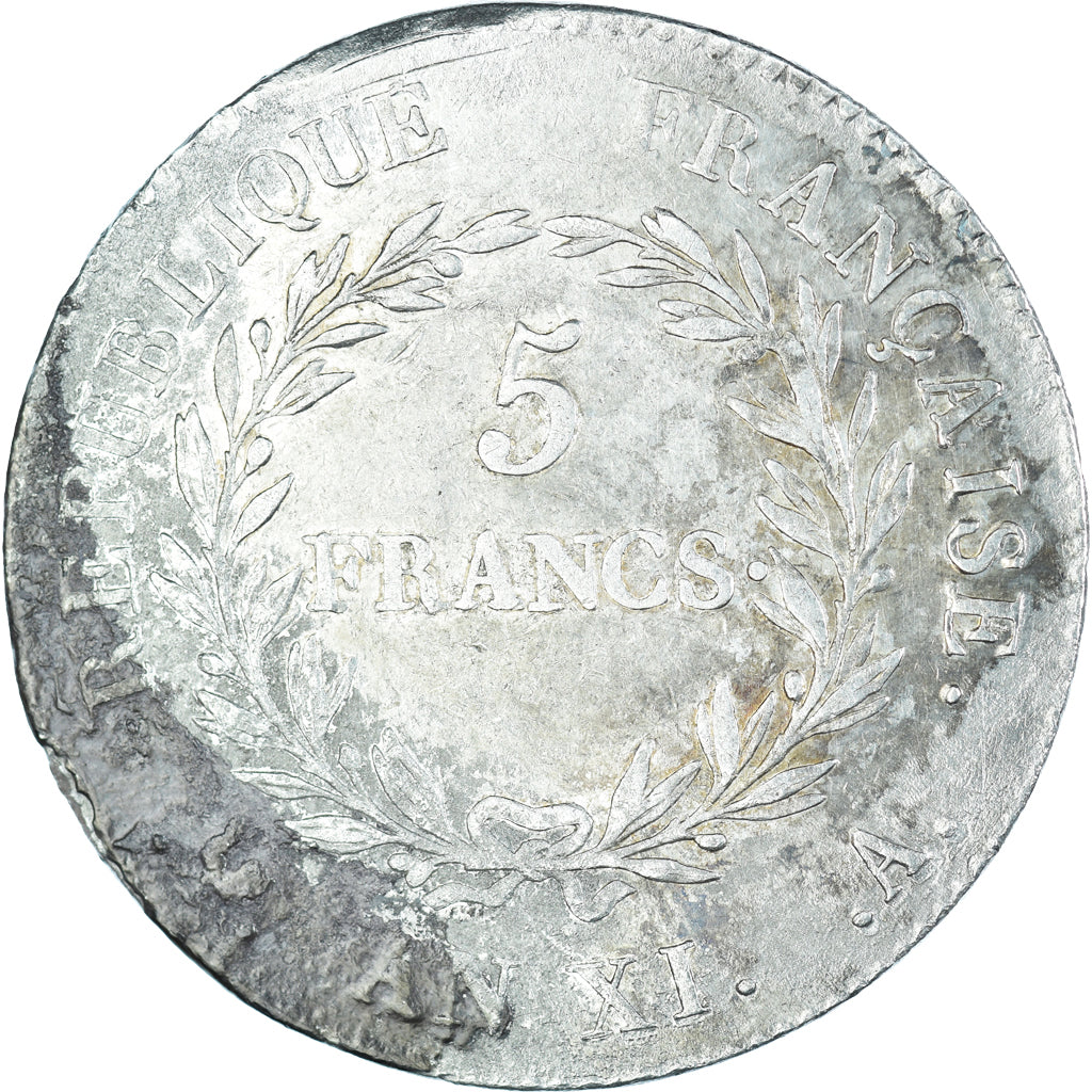 Moneda, Francia, Bonaparte Premier Consul, 5 Francs, An XI, Paris, BC+, Plata