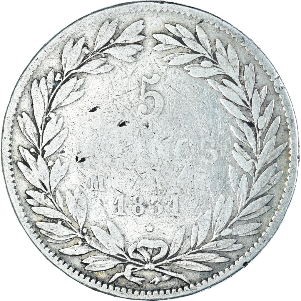 Moeda, França, Louis-Philippe, 5 Francs, 1831, Toulouse, VF(20-25), Prata