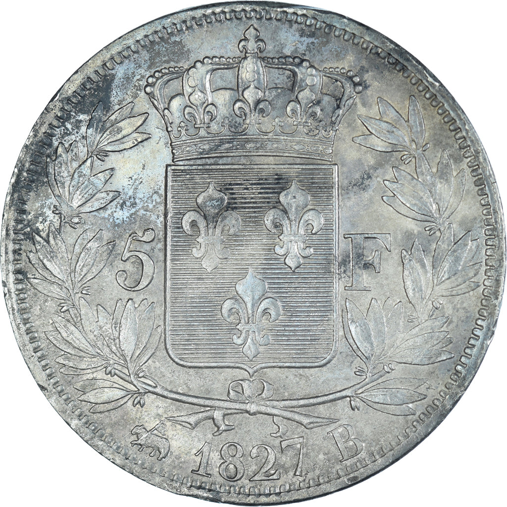 Moneda, Francia, Charles X, 5 Francs, 1827, Rouen, MBC, Plata, KM:728.2