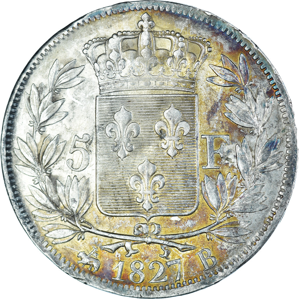 Moeda, França, Charles X, 5 Francs, 1827, Rouen, AU(50-53), Prata, KM:728.2