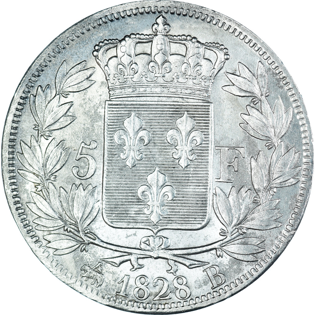 Moeda, França, Charles X, 5 Francs, 1828, Rouen, EF(40-45), Prata, KM:728.2