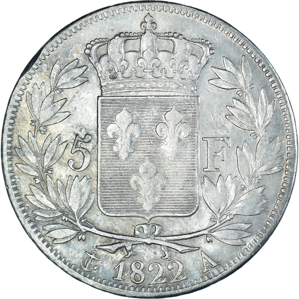 Moeda, França, Louis XVIII, 5 Francs, 1822, Paris, VF(30-35), Prata, KM:711.1