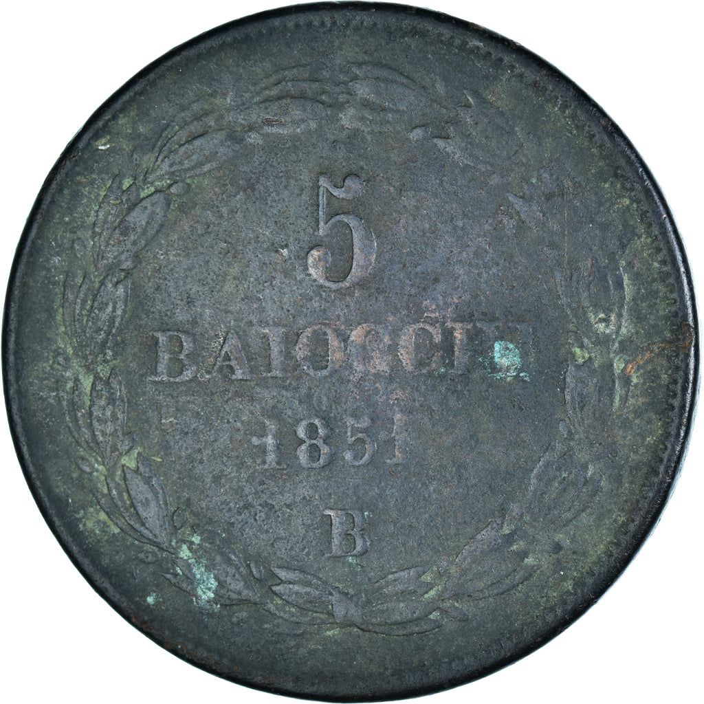 Munten, Italiaanse staten, PAPAL STATES, Pius IX, 5 Baiocchi, 1851, Bologna, FR