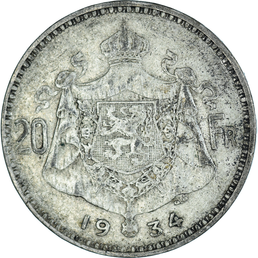 Moeda, Bélgica, Albert I, 20 Francs, 20 Frank, 1934, Brussels, VF(30-35)