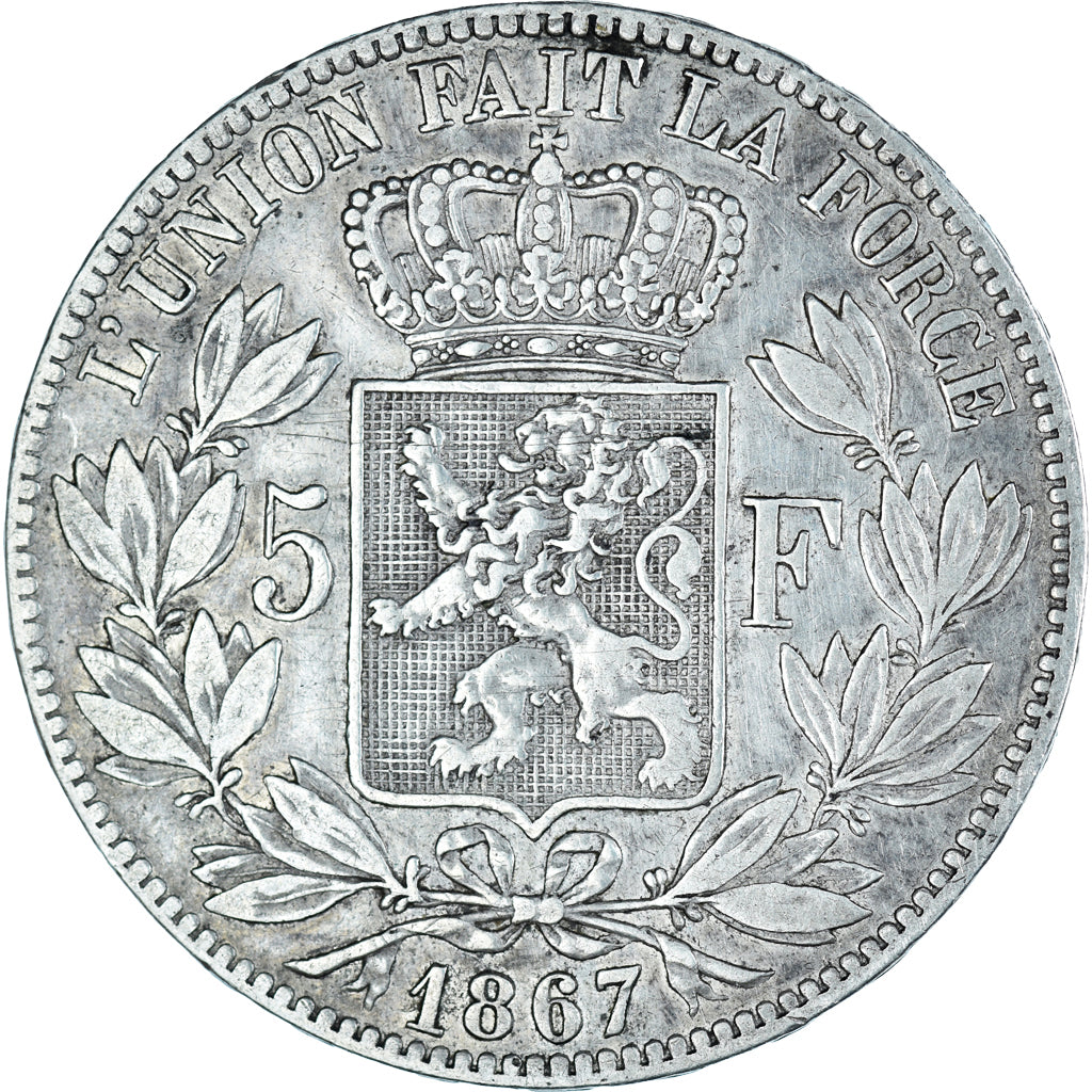 Coin, Belgium, Leopold II, 5 Francs, 5 Frank, 1867, Brussels, VF(30-35), Silver
