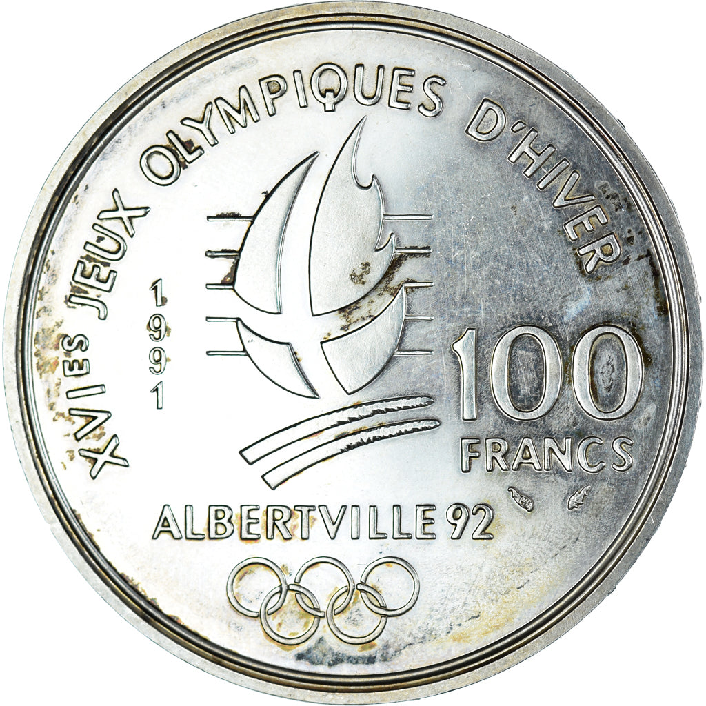 Moneta, Francja, Albertville 1992 - ski de fond, 100 Francs, 1991, AU(55-58)