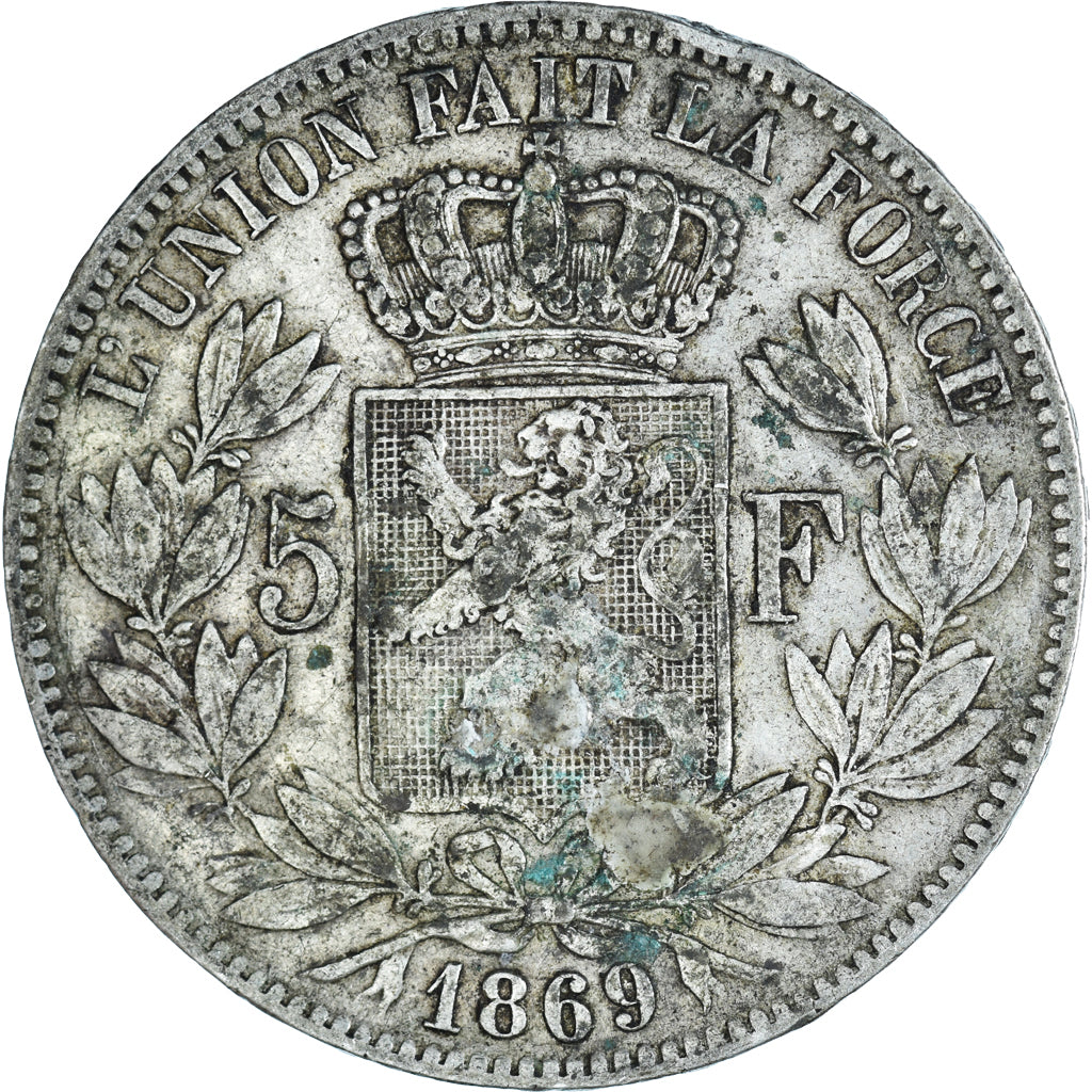 Coin, Belgium, Leopold II, 5 Francs, 5 Frank, 1869, Brussels, VF(30-35), Silver