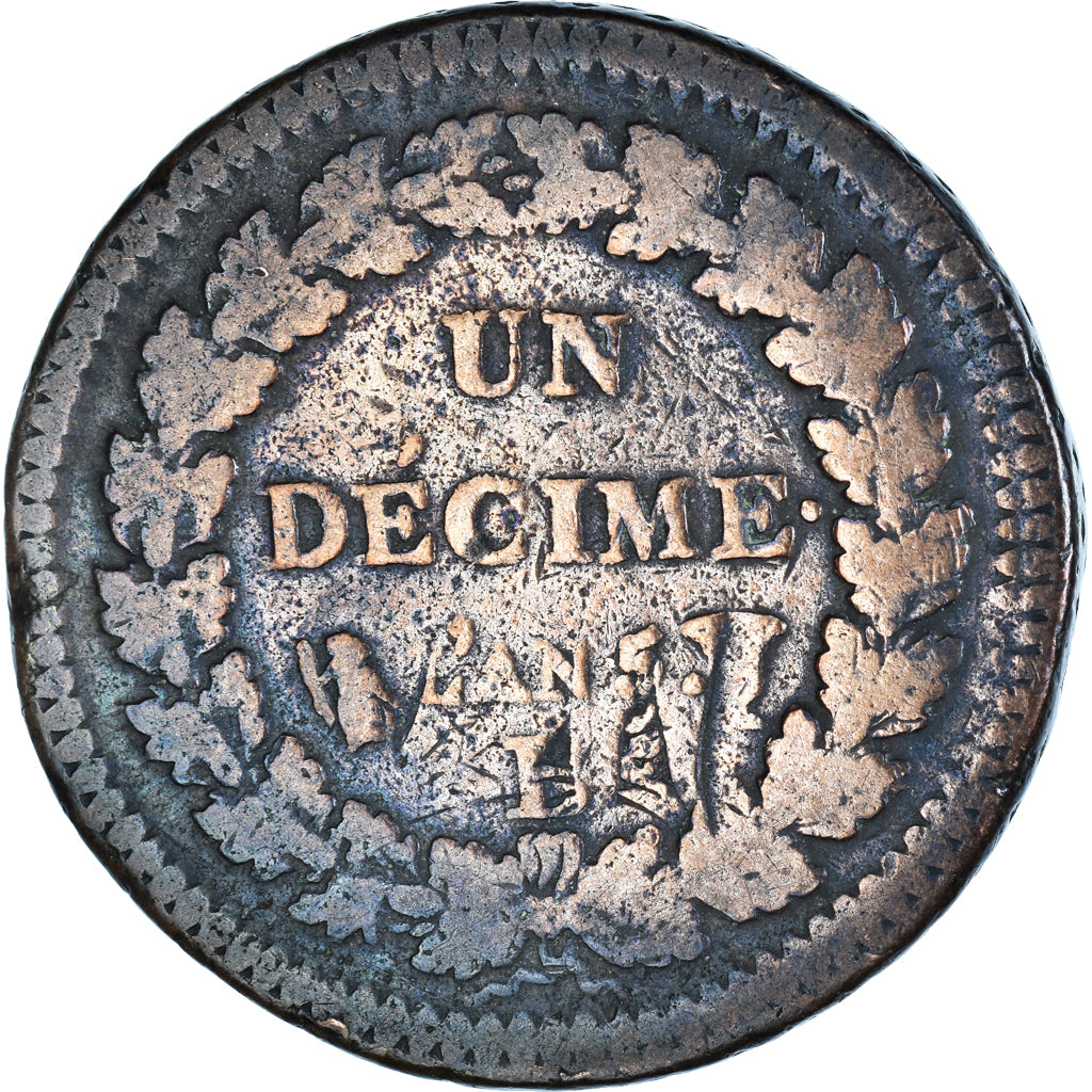 Moneda, Francia, Dupré, Decime, AN 5, Rouen, Refrappage du 2 décimes, BC+