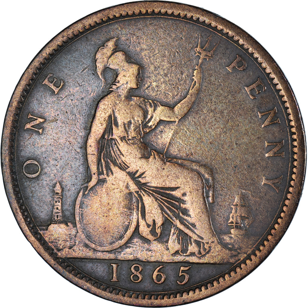 Moneda, Gran Bretaña, Victoria, Penny, 1865, BC+, Bronce, KM:749.2, Spink:3954