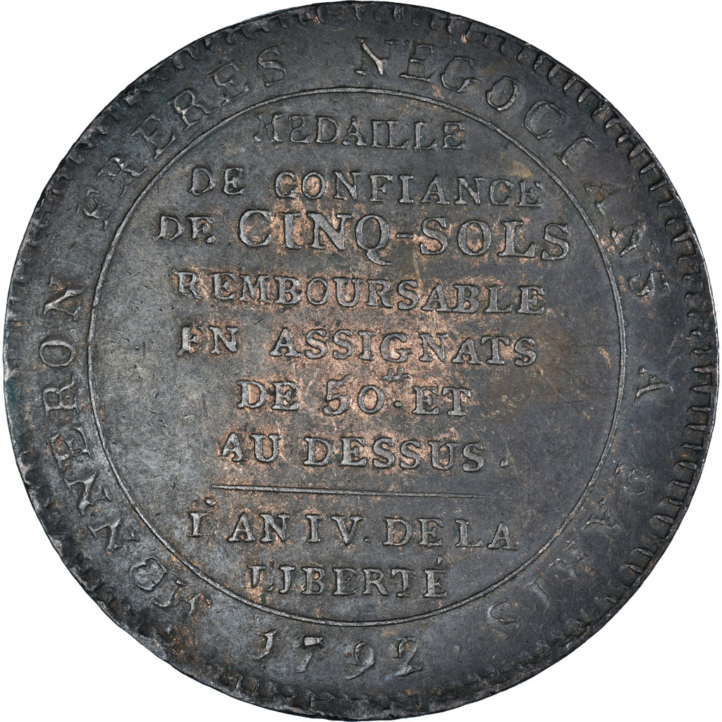 Moneta, Francia, Monneron de 5 Sols, 1792, Paris, MB+, Bronzo