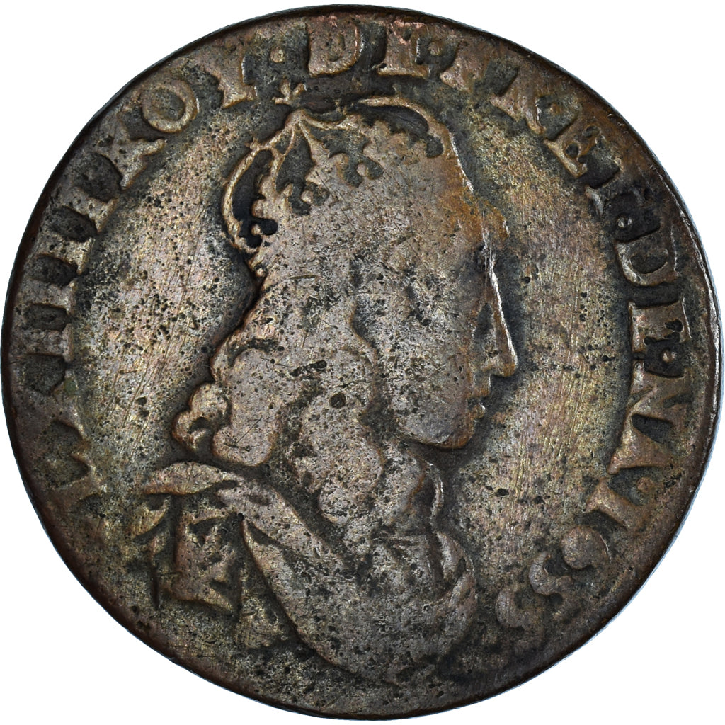 Moneta, Francia, Louis XIV, Liard, 1655, Meung-sur-Loire, MB+, Rame, KM:192.6