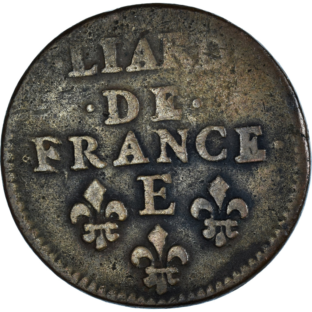 Moneta, Francia, Louis XIV, Liard, 1655, Meung-sur-Loire, MB+, Rame, KM:192.6